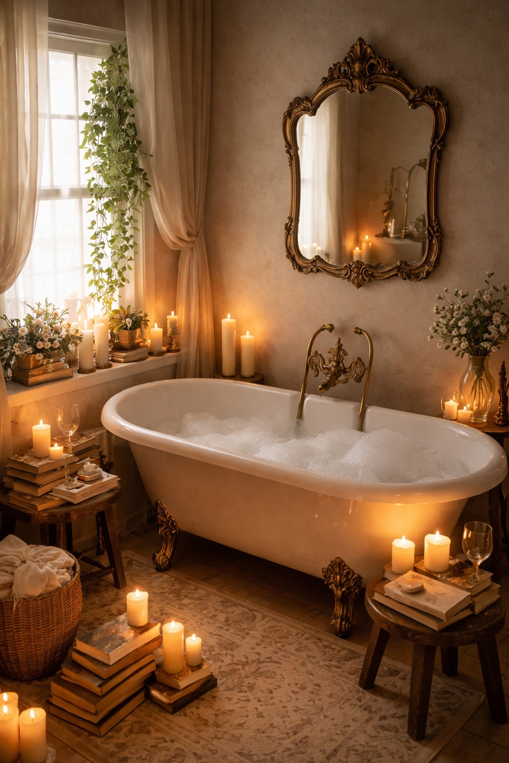 light academia decor ideas - Soft Glow: Light Academia Bathroom - These candles cast a soft glow across the...