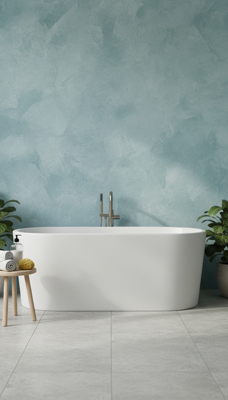 feature wall with lime-wash texture - Lime Wash Bathroom Grabs Attention - The feature wall in this bathroom grabs your...