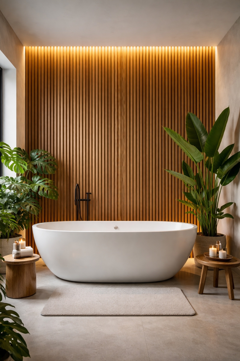 modern wood slat wall ideas - Teak Slats Create Calming Bathroom Backdrop - These teak wood slats create a calming backdrop...