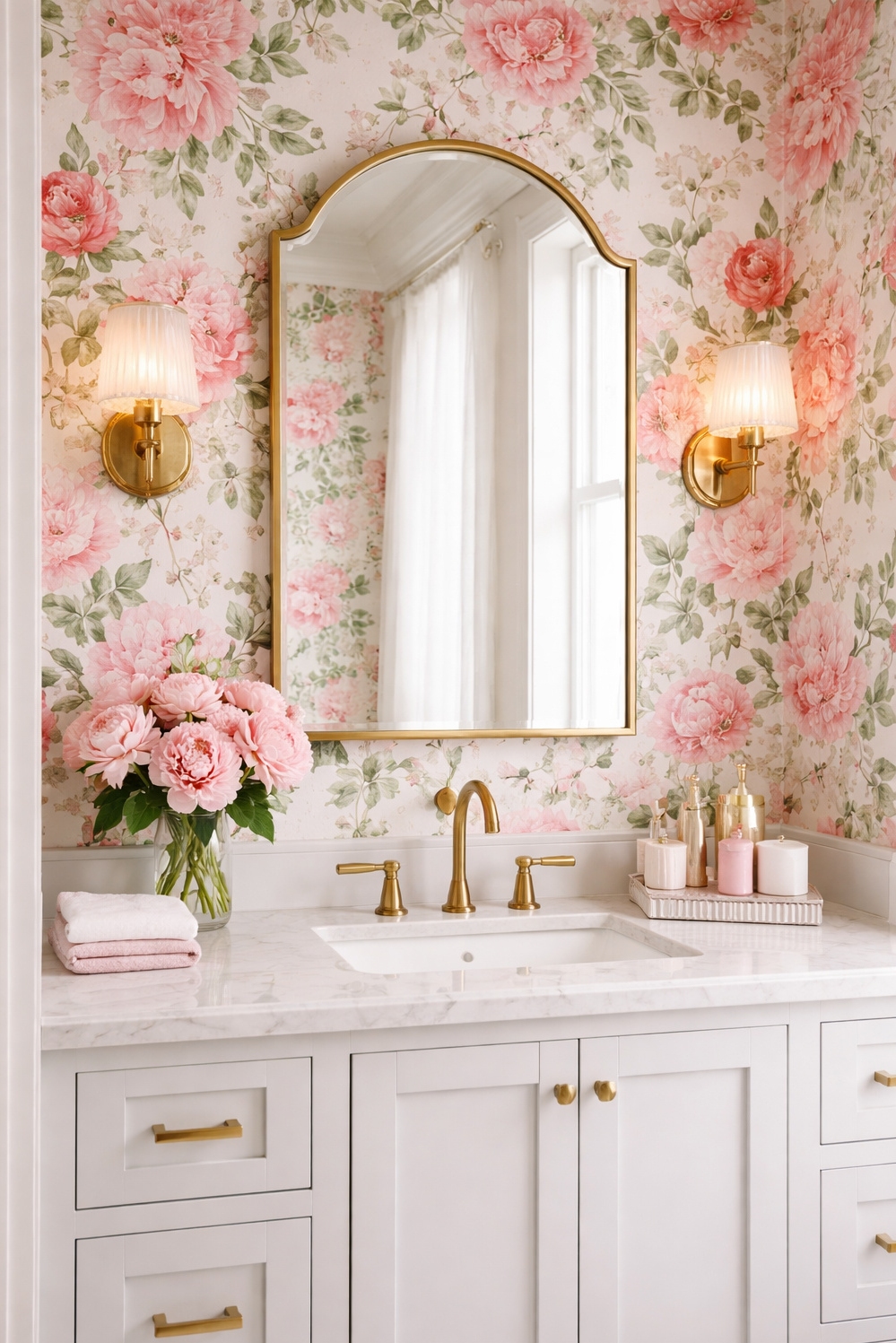 feminine wallpaper ideas - Floral Wallpaper Steals the Bathroom Show - The floral wallpaper steals the show in this...