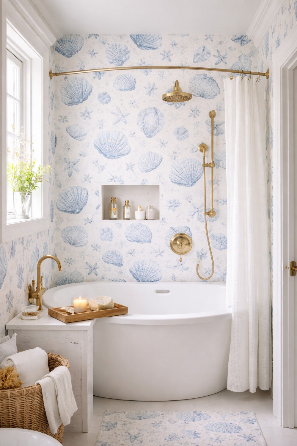 feminine wallpaper ideas - Delicate Seashell Pattern for Bathroom Walls - The bathroom's wallpaper, featuring a delicate seashell pattern,...
