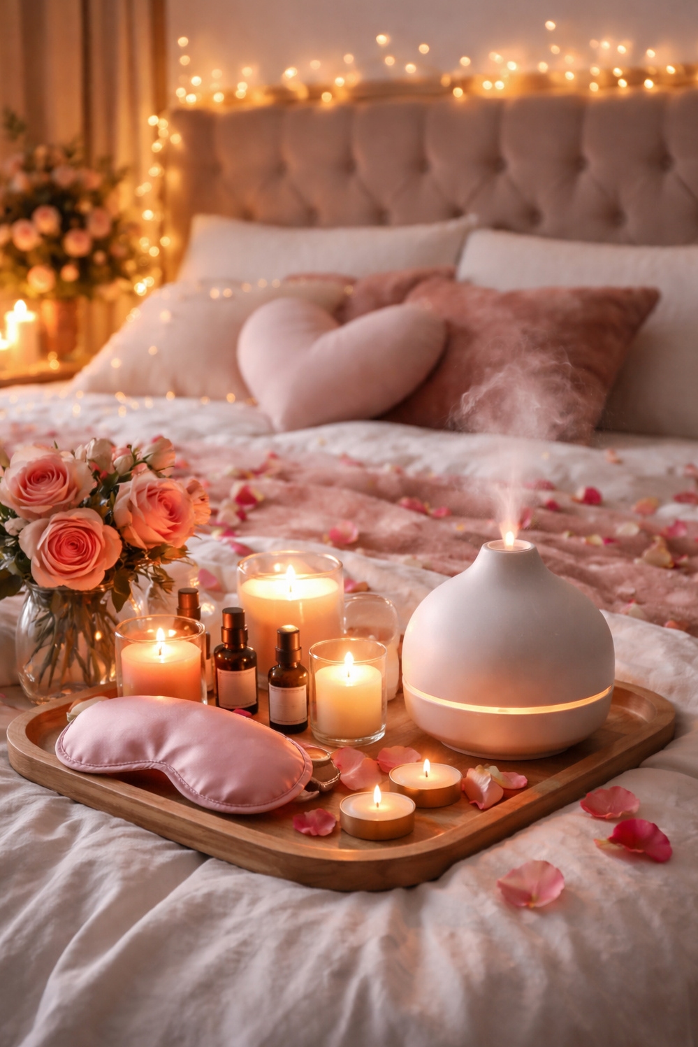 valentine's day bedroom decor ideas - Scented Candles Casting a Warm Glow - These scented candles glow softly, casting a warm...