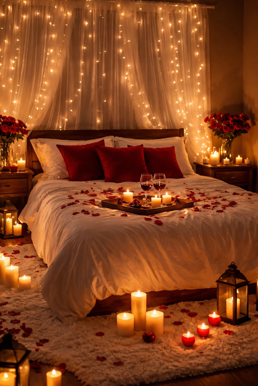 valentine's day bedroom decor ideas - Warm String Lights Cast Valentine Glow - These string lights cast a warm glow across...