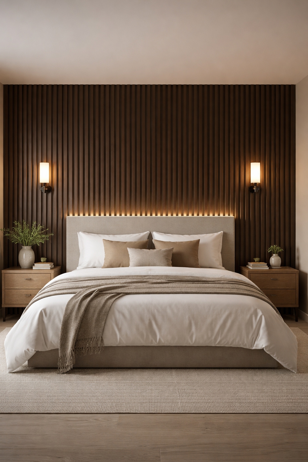 modern wood slat wall ideas - Dark Wood Slats: Dramatic Headboards - These dark-stained wood slats create a dramatic headboard...