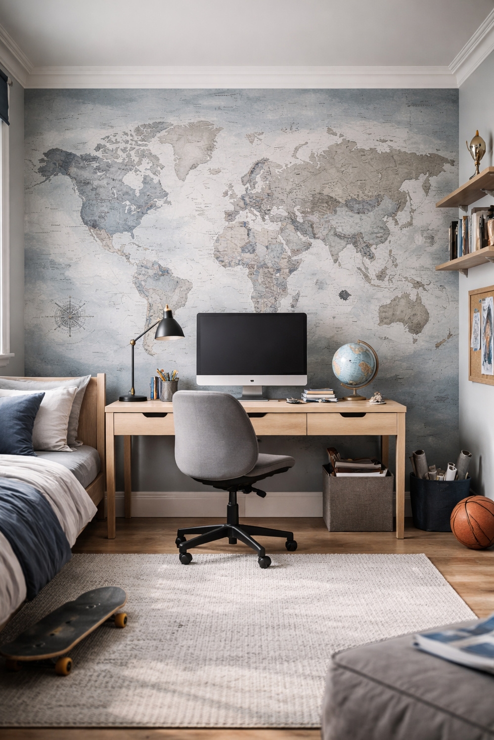 elegant wallpaper ideas - Soft Blues Feature Muted World Bedroom - The elegant wallpaper ideas in this boy's bedroom...