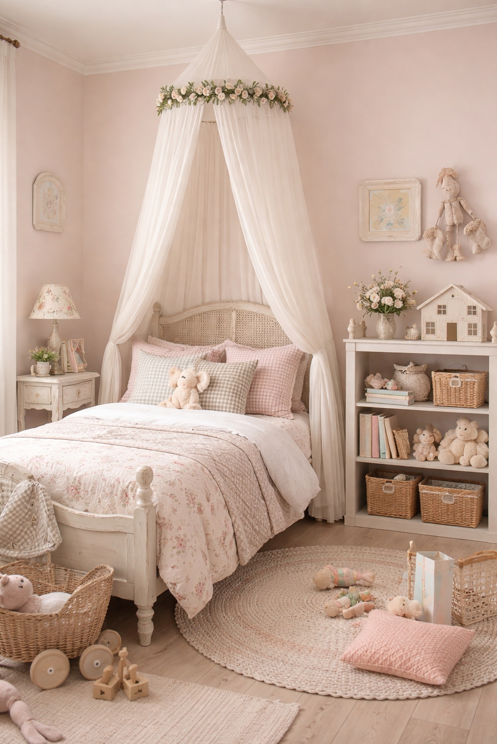 Muted French Country Color ideas - Pale Pink Walls: Muted Bedroom Design - The pale pink walls in this child's bedroom...