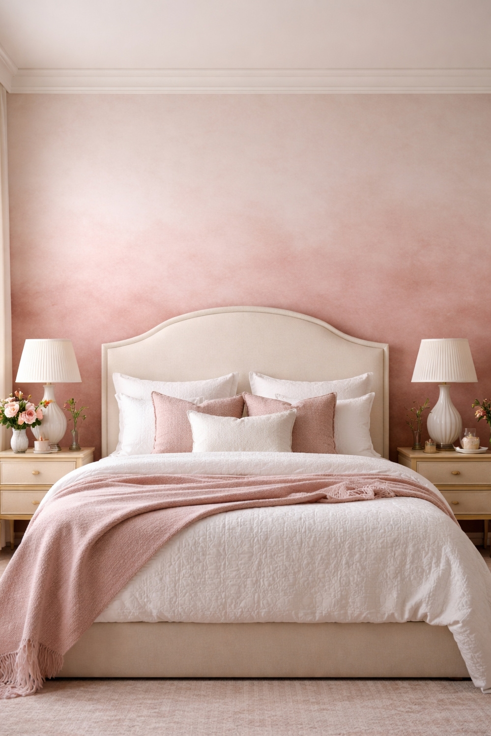 feminine wallpaper ideas - Soft Gradient Wallpaper for a Bedroom - This bedroom features wallpaper with a soft, dreamy...