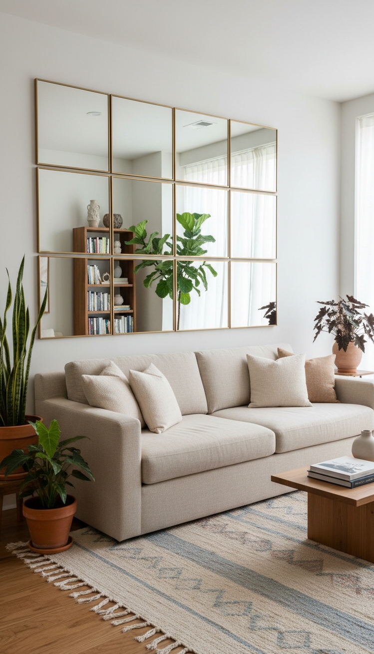 wall behind sofa design ideas - Square Mirrors Create a Cool Grid - These square mirrors create a cool grid on...