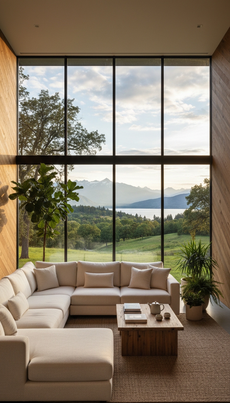 wall behind sofa design ideas - Expansive Windows Steal the Show - These expansive windows steal the show. Light pours...