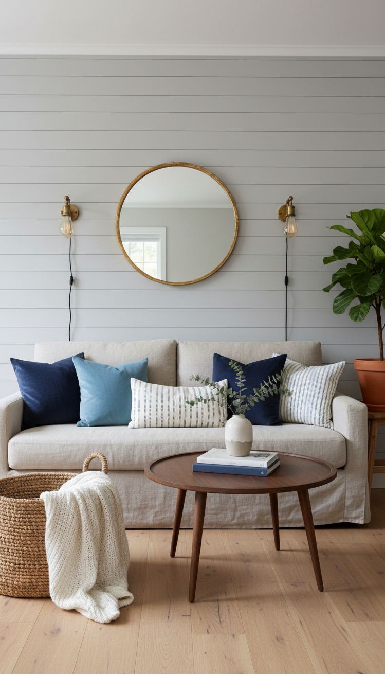 wall behind sofa design ideas - Shiplap Creates a Calm Backdrop - The shiplap wall creates a calm backdrop. Light...