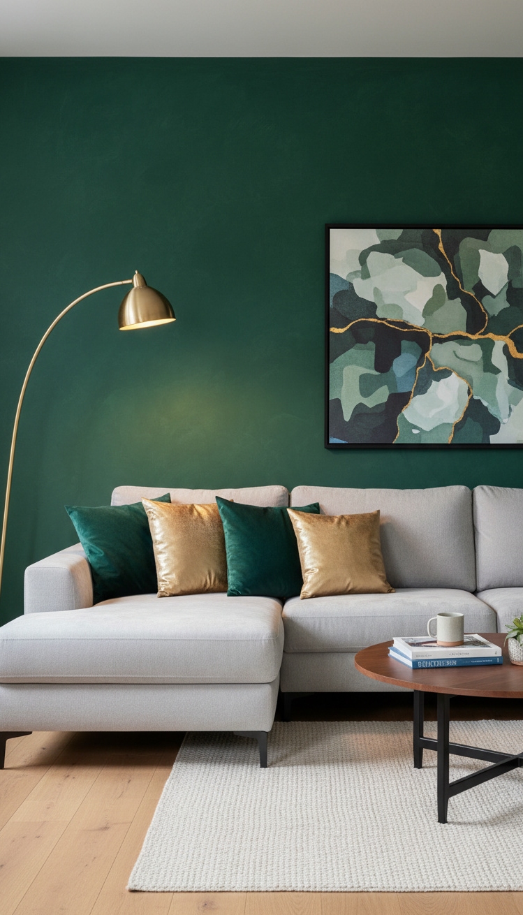 wall behind sofa design ideas - Dark Green Wall Makes a Statement - The dark green wall makes a statement. It's...