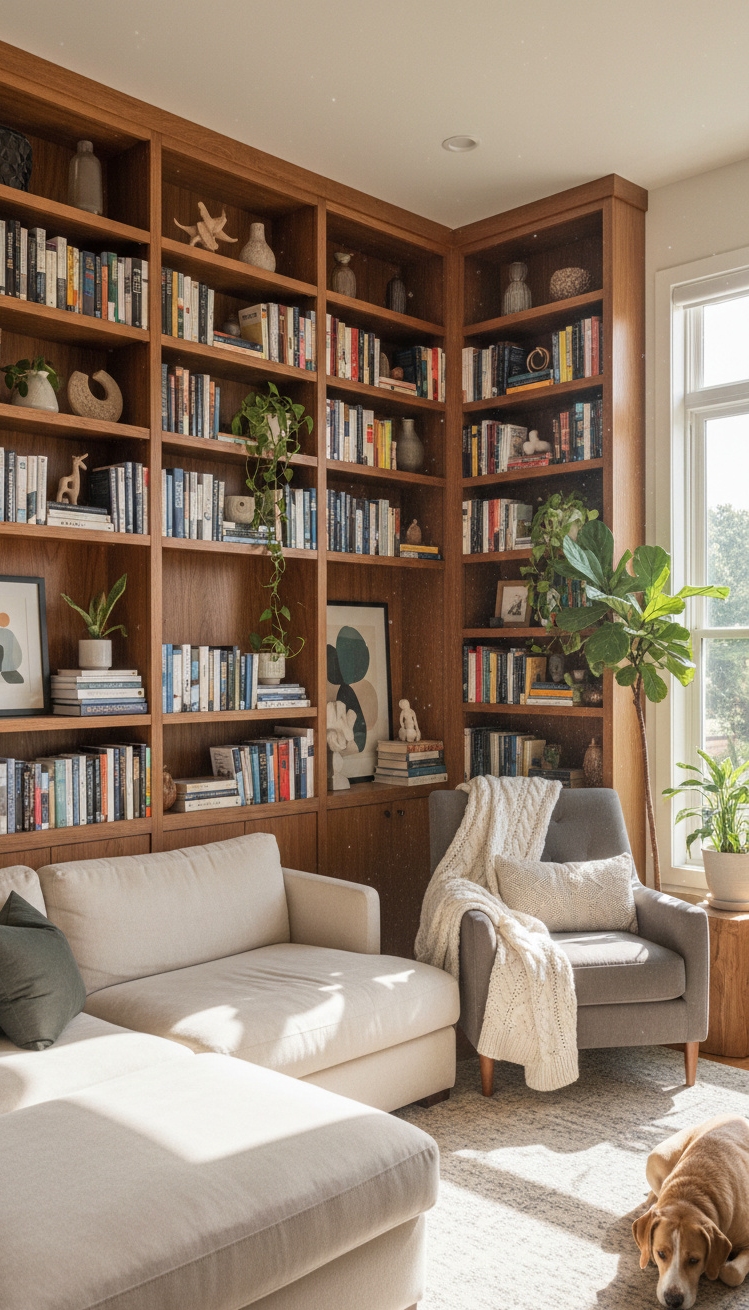 wall behind sofa design ideas - Custom Bookshelf Creates a Focal Point - The custom bookshelf creates a focal point, rising...