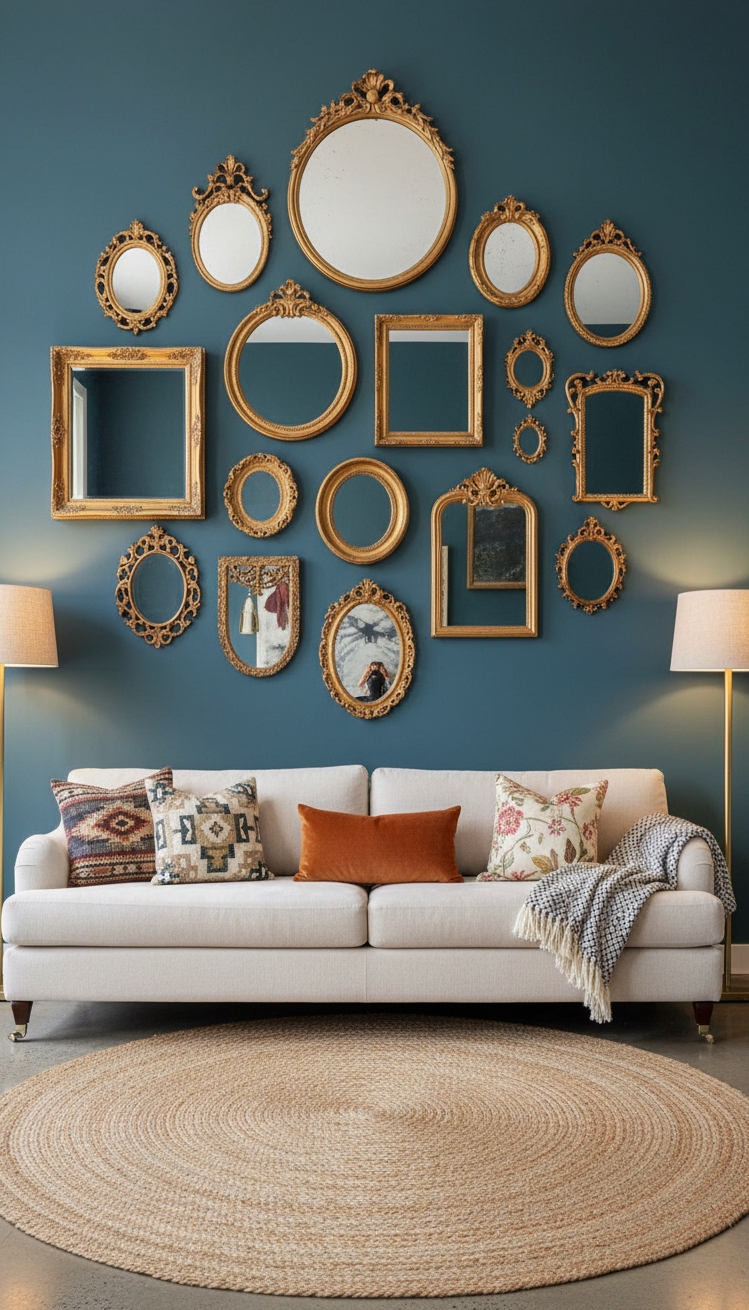 wall behind sofa design ideas - Vintage Mirrors Create a Collected Wall - These vintage mirrors create a wall that feels...