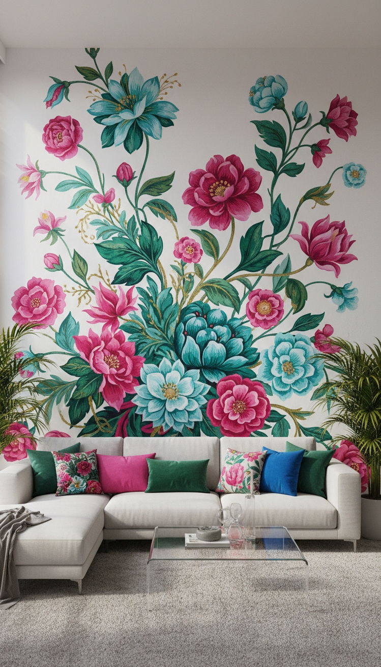 wall behind sofa design ideas - Floral Murals Bring Room to Life - These floral murals bring a room to life....