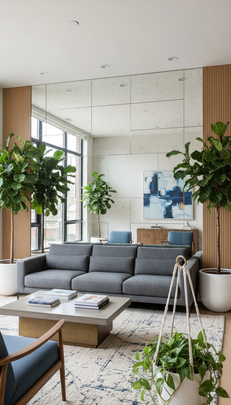 wall behind sofa design ideas - Reflective Surfaces Open Up the Room - These reflective surfaces really open up a room....