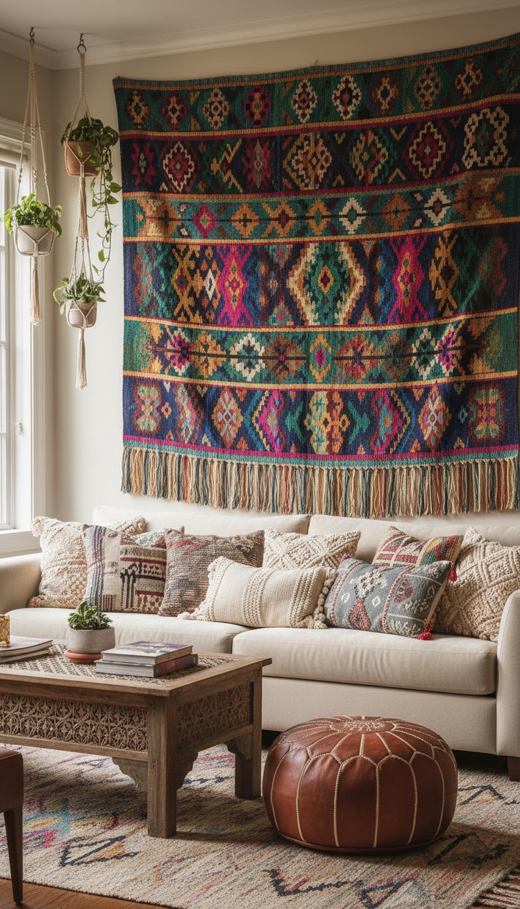 wall behind sofa design ideas - Large Wall Hanging Steals the Show - The large wall hanging steals the show. Its...