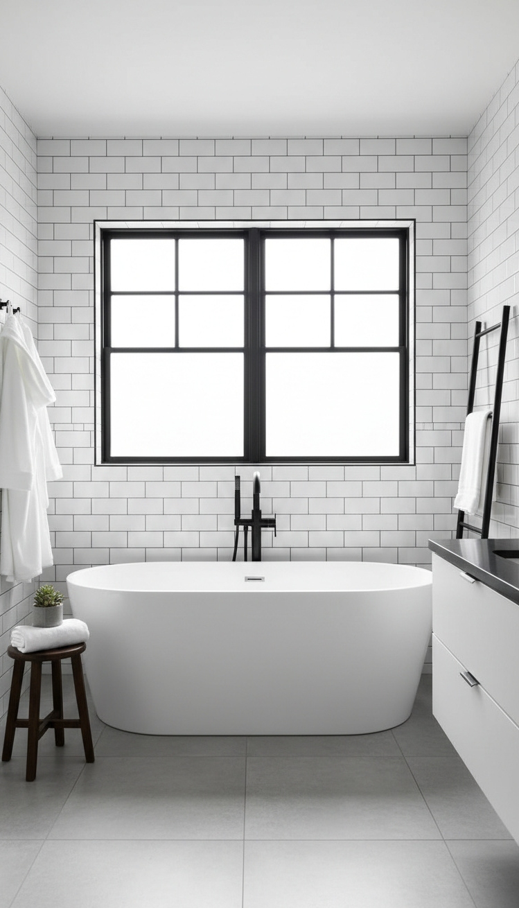 Black window trims - Black Window Trim: Contemporary Bathroom Contrast - These black window trims create a striking contrast...