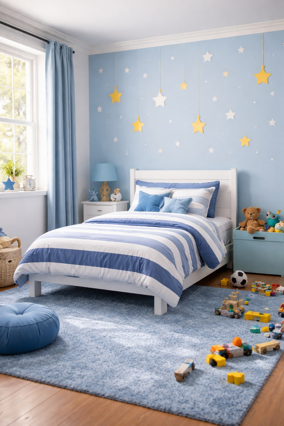 Blue bedroom ideas - Blue Bedroom: Striped Comforter Anchors Style - The blue and white striped comforter anchors this...