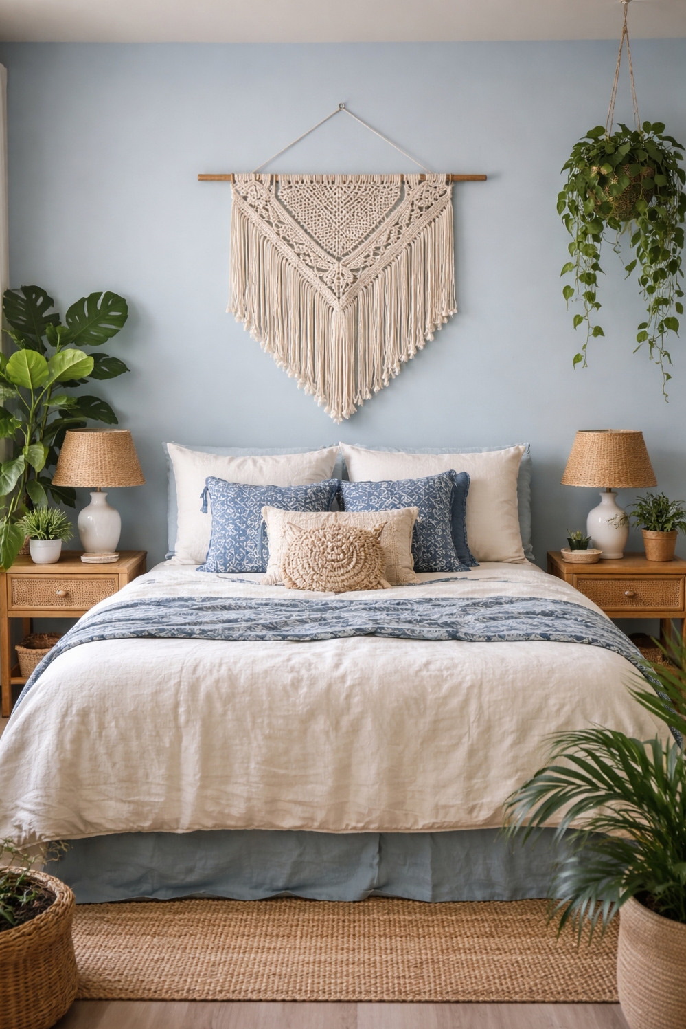 Blue bedroom ideas - Blue Bedroom: Macrame Wall Steals Show - The macrame wall hanging steals the show. Its...