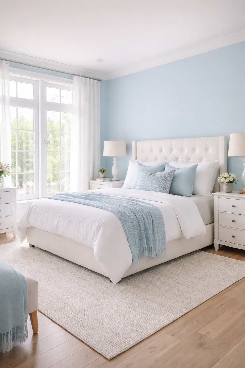 Blue bedroom ideas - Blue Bedroom: Sheer Curtains Filter Sunlight - These sheer curtains billow softly, filtering sunlight into...