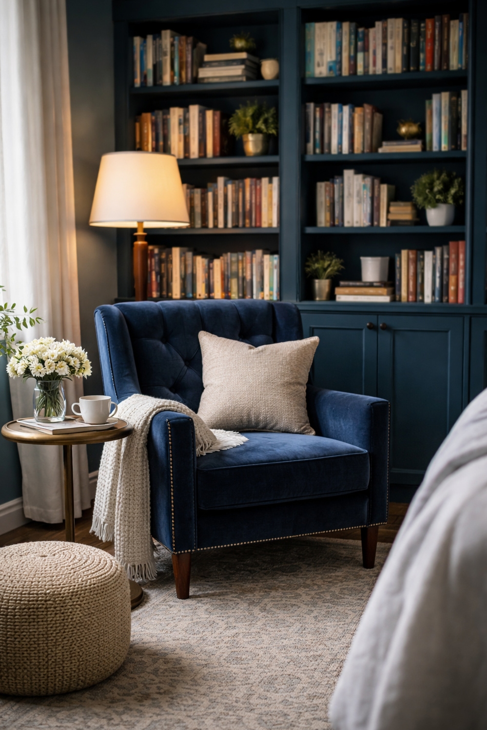 Blue bedroom ideas - Blue Bedrooms: Bookshelves Command Attention - These bookshelves command attention. They rise behind a...