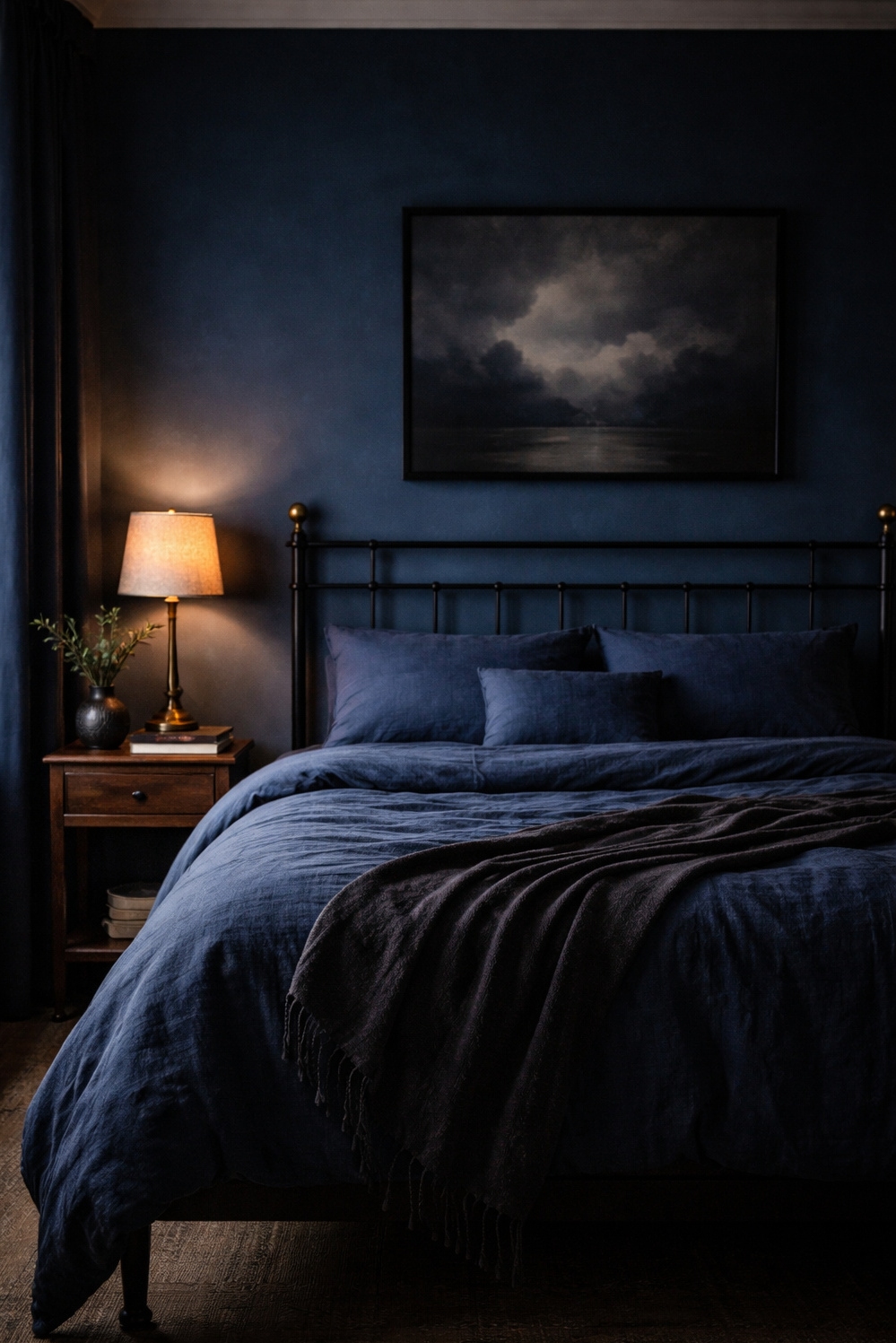 Blue bedroom ideas - Dark Walls Create Moody Bedroom Vibe - These dark blue walls create a seriously moody...