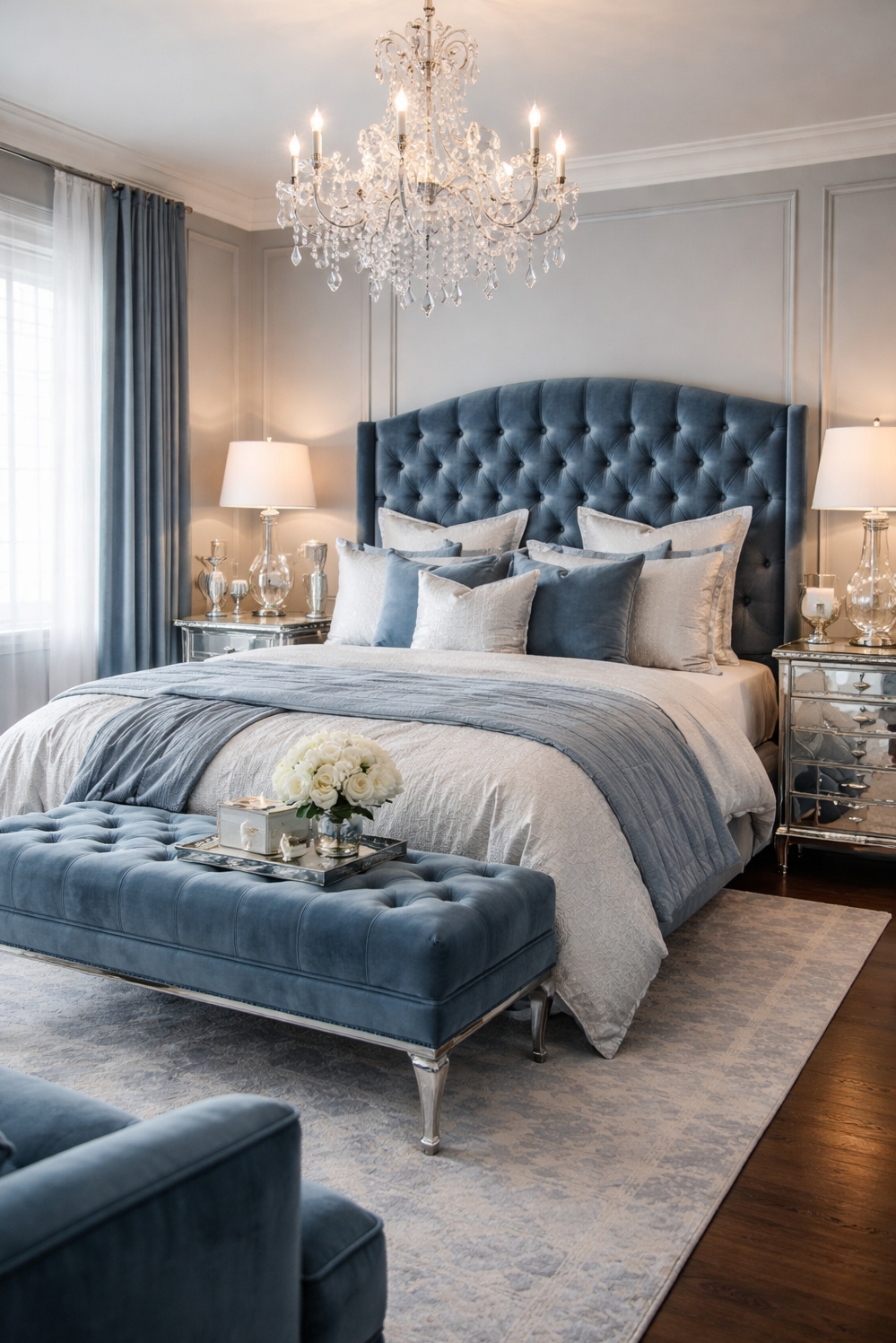 Blue bedroom ideas - Tufted Headboard: Glamorous Blue Bedroom - The tufted headboard anchors this glamorous blue bedroom....