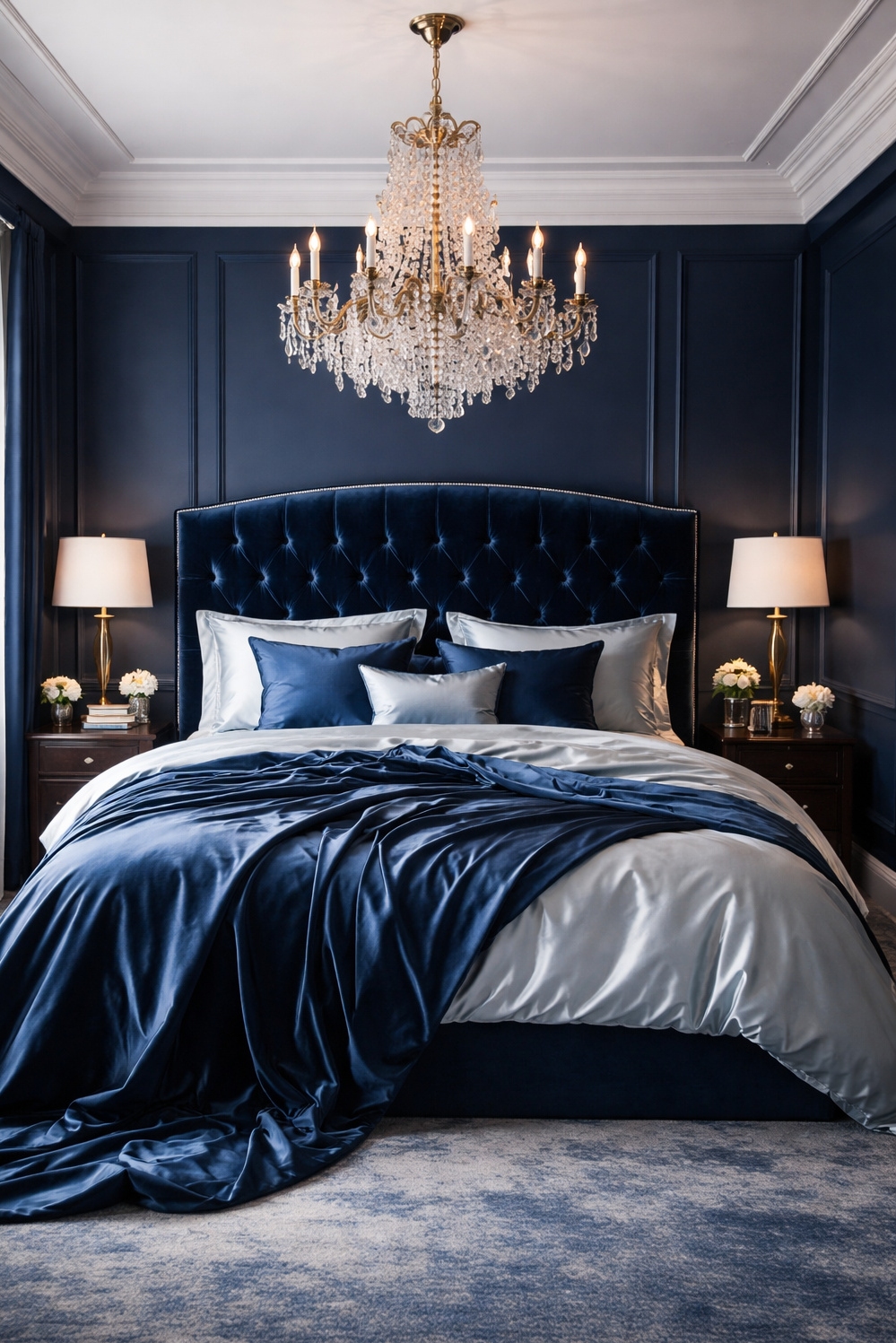 Blue bedroom ideas - Velvet Headboard: Luxurious Blue Bedroom - The velvet headboard anchors this luxurious blue bedroom,...