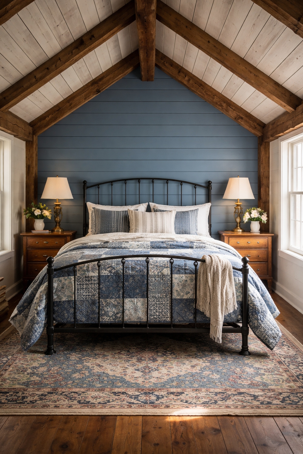 Blue bedroom ideas - Calming Blue Shiplap Wall Grabs Attention - The shiplap wall, painted a calming blue, immediately...