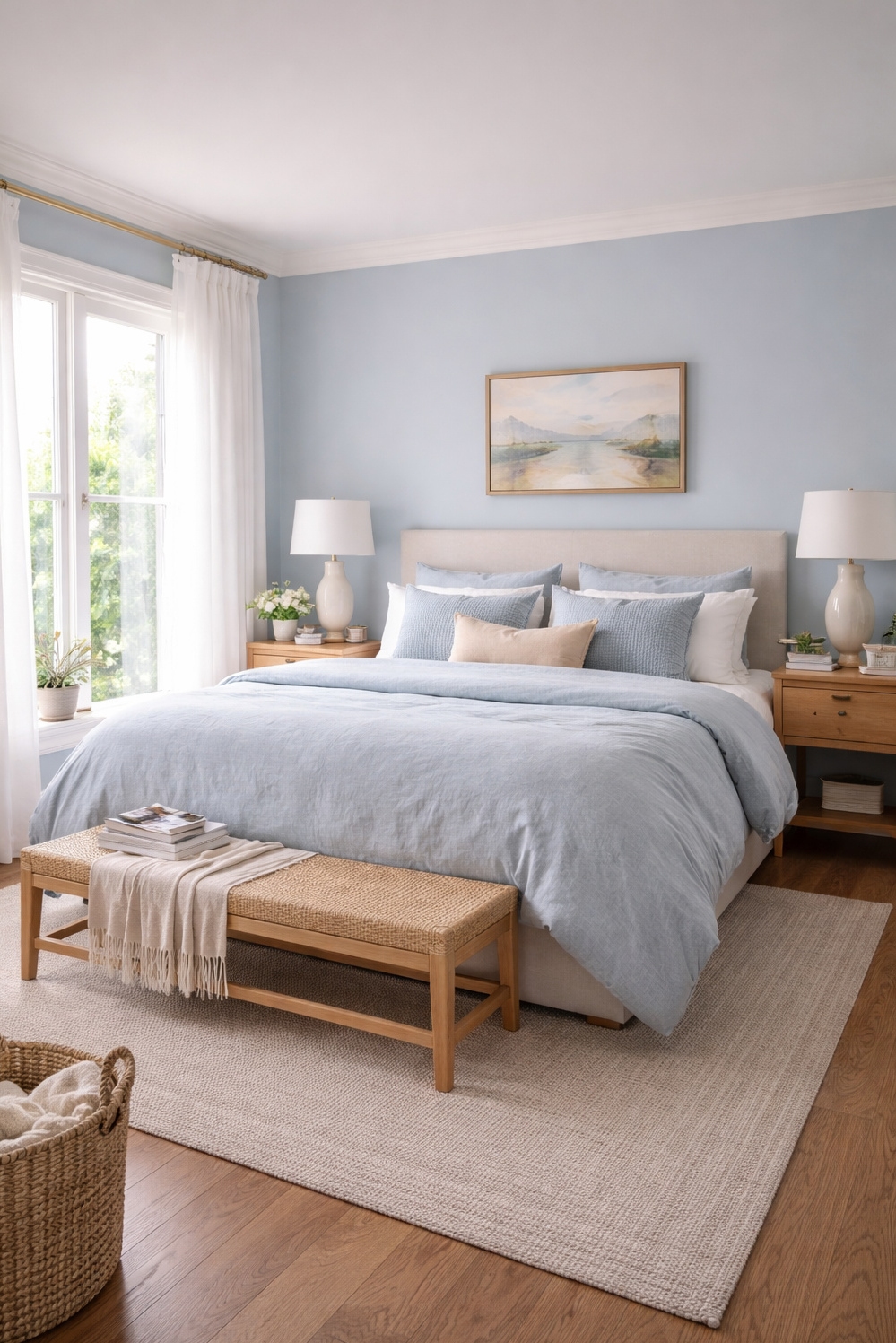 Blue bedroom ideas - Blue Bedrooms: Diffuse Light, Soft Style - These sheer white curtains diffuse the light beautifully....