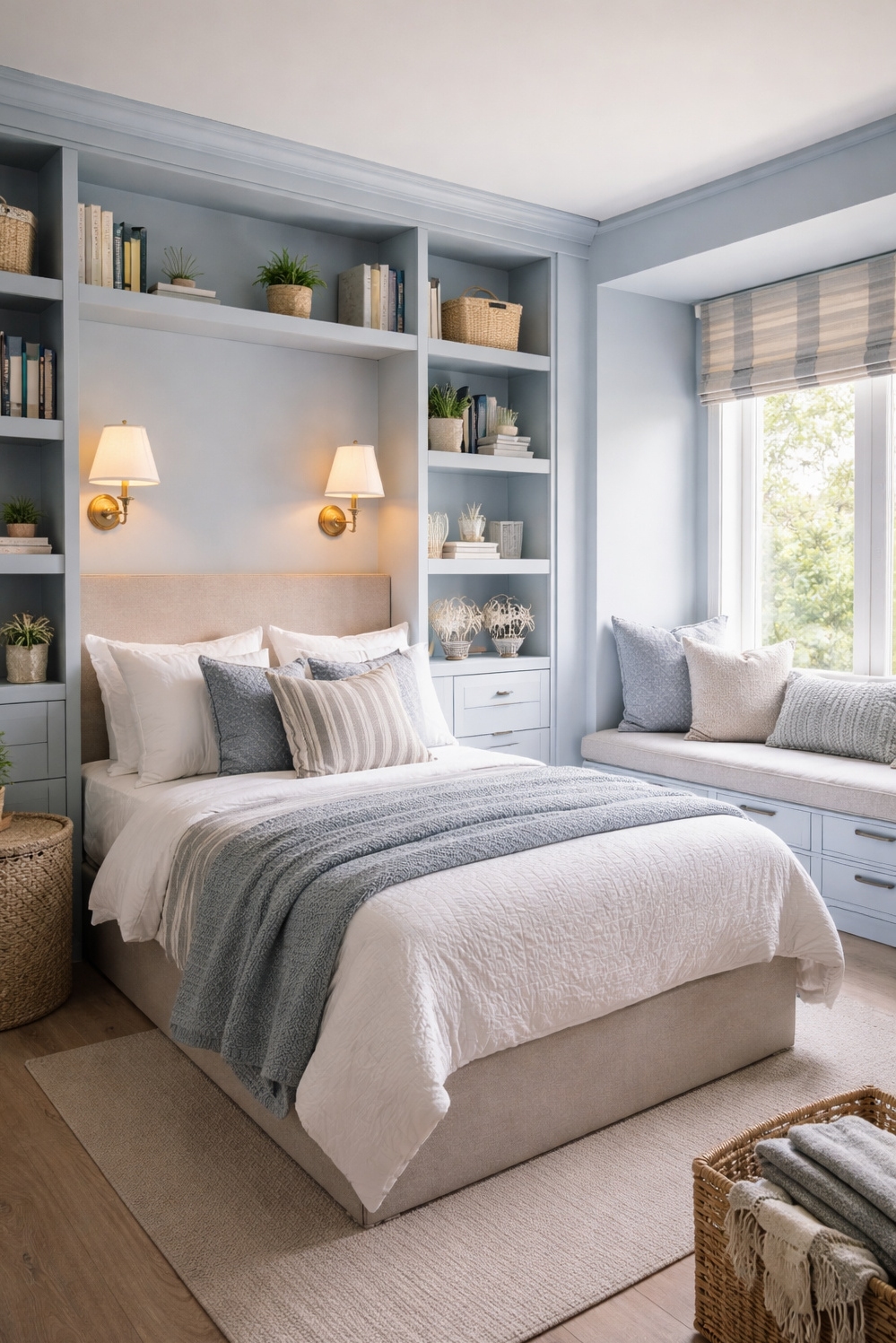 Blue bedroom ideas - Blue Bedroom: Built-in Shelves Create Cozy Feel - These built-in shelves create a cozy, cocoon-like feel...