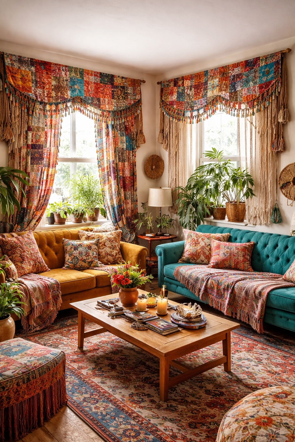 valances for living room - Repurposed Textiles Steal the Show - These valances steal the show with their repurposed...