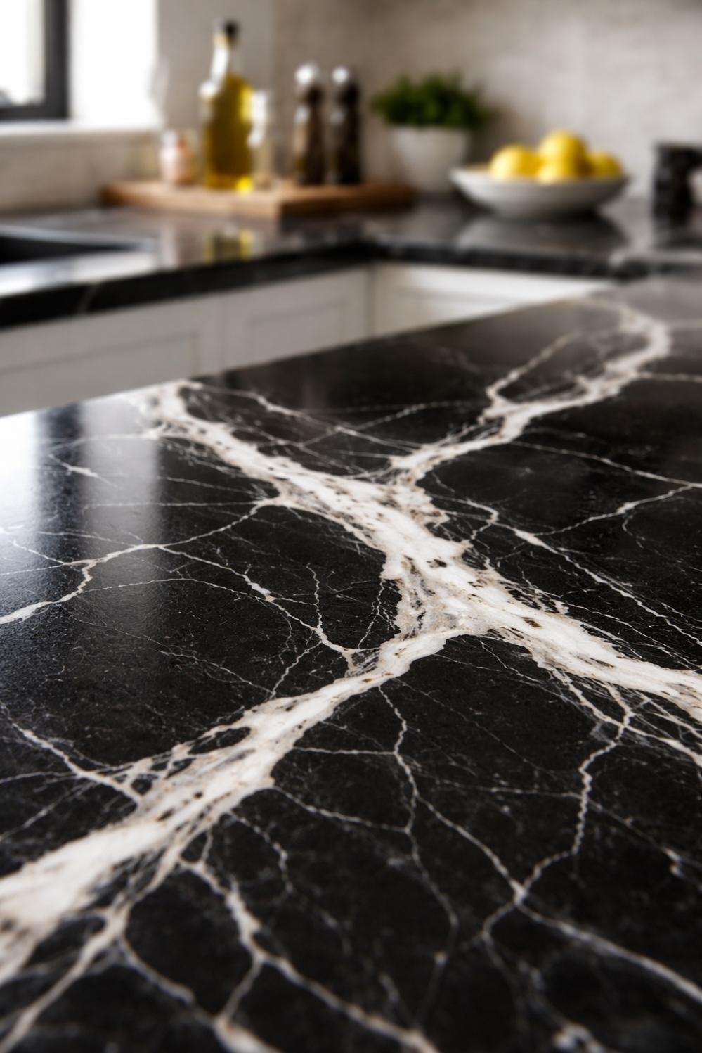 Bold Veined Kitchen Countertops - Veined Countertops Grab Attention Right Away - These **bold veined kitchen countertops** grab your attention...