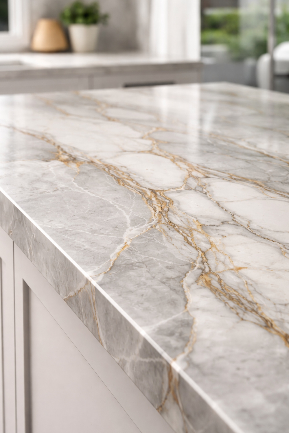 Bold Veined Kitchen Countertops - Grey Countertops Grab Light, Attention - These bold veined kitchen countertops grab your attention...