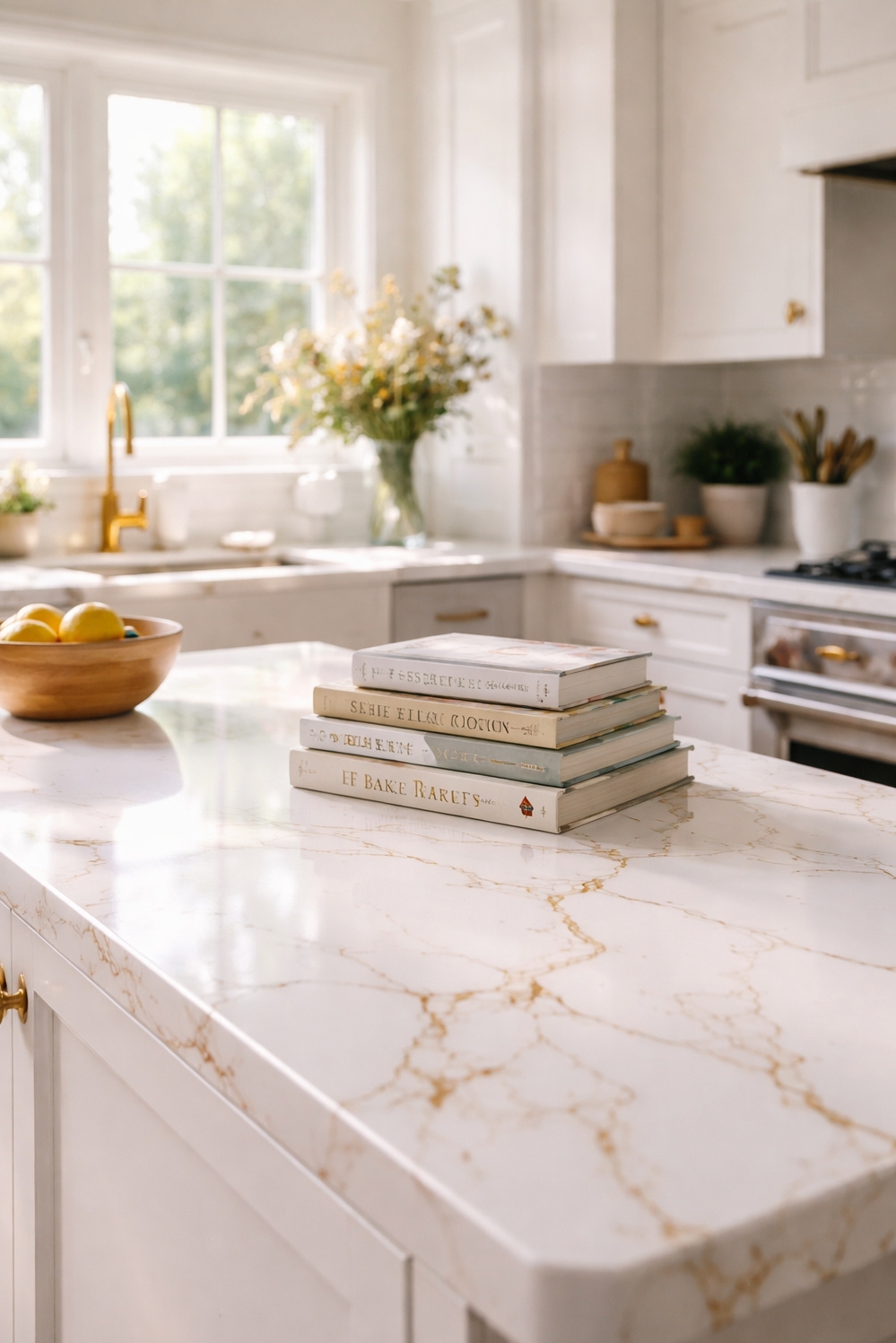 Bold Veined Kitchen Countertops - Thin Gold Veins Grab Countertop Attention - These bold veined kitchen countertops grab your attention...