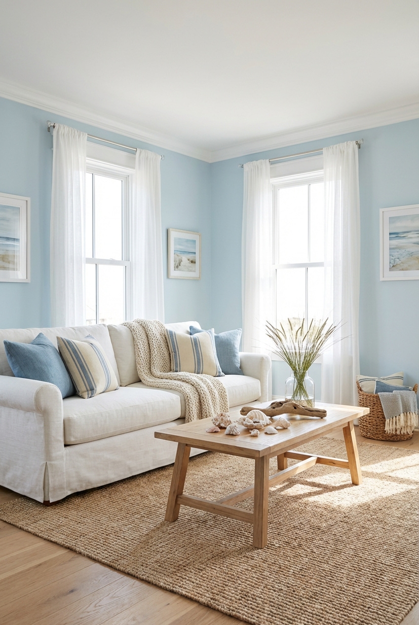 19 Calming Paint Colors For Your Home - Muted Blue Walls Create Serene Backdrop - These muted blue walls create a serene backdrop,...