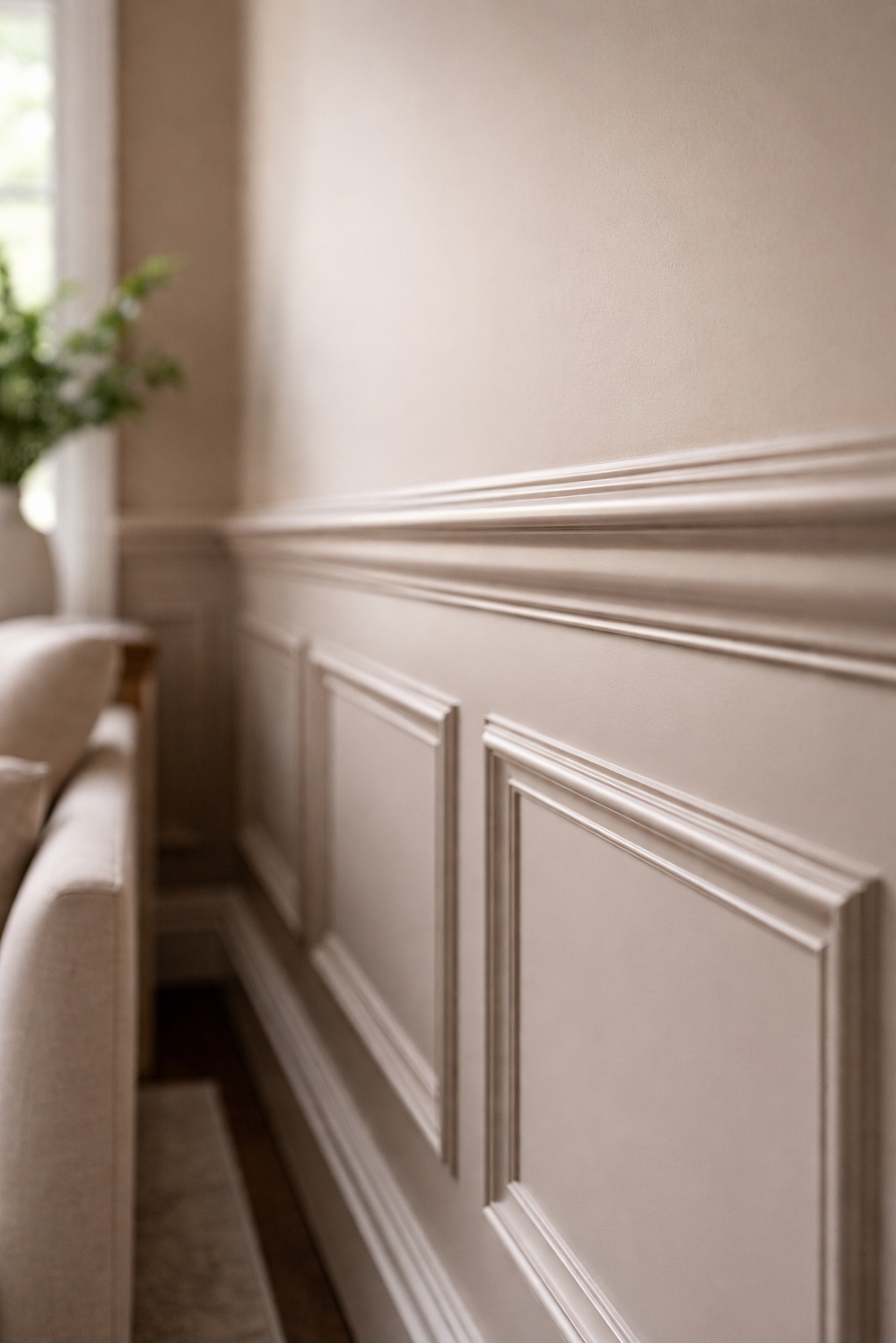 neutral wainscoting panels for living rooms - Quiet Sophistication: Light Wainscoting Panels - These neutral wainscoting panels bring a quiet sophistication....