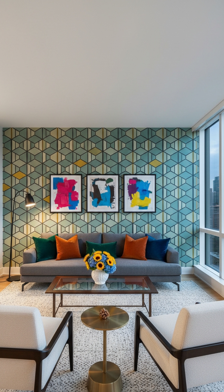 wall behind sofa design ideas - Geometric Wallpaper Commands Attention - The geometric wallpaper commands attention. Its repeating shapes...