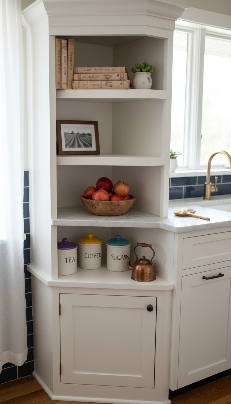 Countertop Hutch for kitchen storage - Charming Corner Hutch: Painted Kitchen Solution - The corner countertop hutch stands as a charming...