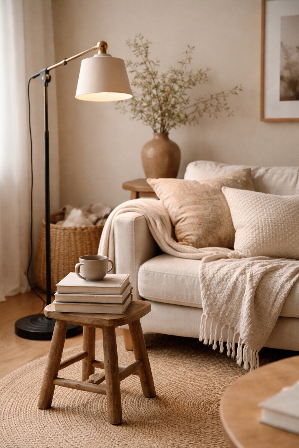 organic neutral living room - Warm Glow in a Neutral Corner - The floor lamp casts a warm glow in...