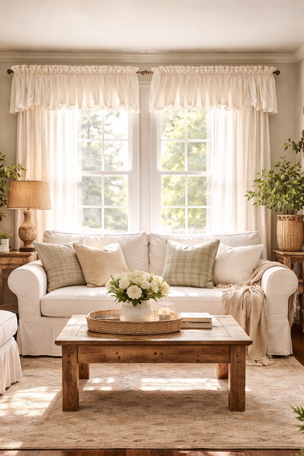 valances for living room - Soft White Valances: Airy Living Rooms - These white, ruffled valances bring a soft, airy...