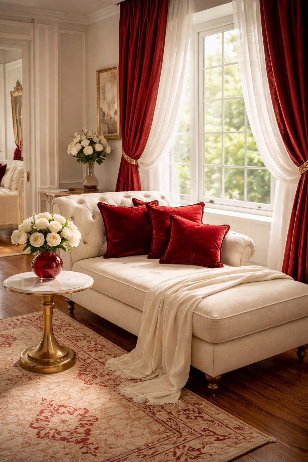 red and cream bedroom ideas - Red Velvet Pillows Pop Against Cream - These red velvet pillows really pop against the...