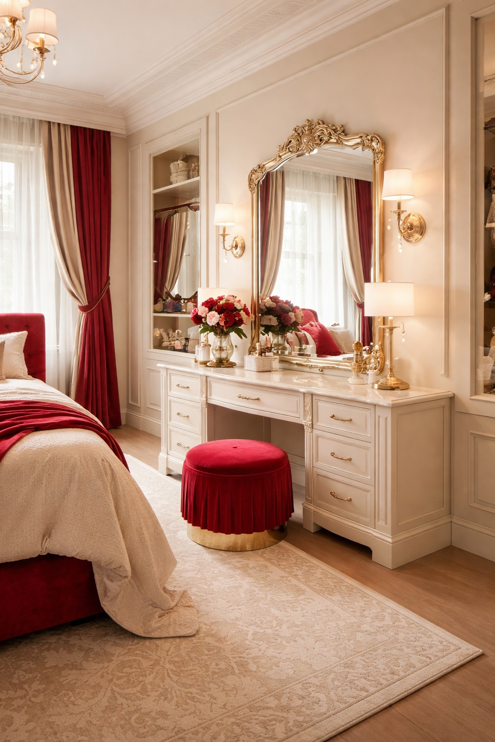 red and cream bedroom ideas - Cream Vanity Anchors Red Accents - The cream vanity anchors this bedroom featuring a...