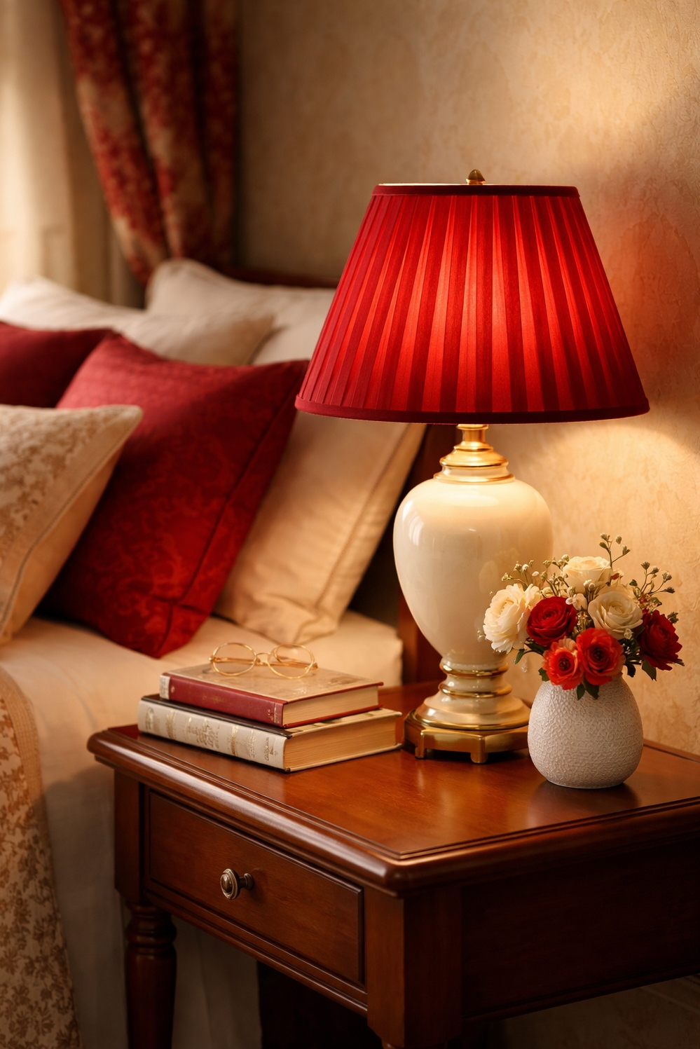 red and cream bedroom ideas - Bedside Vignettes: Red and Cream Feel - These bedside vignettes, featuring red and cream bedroom...