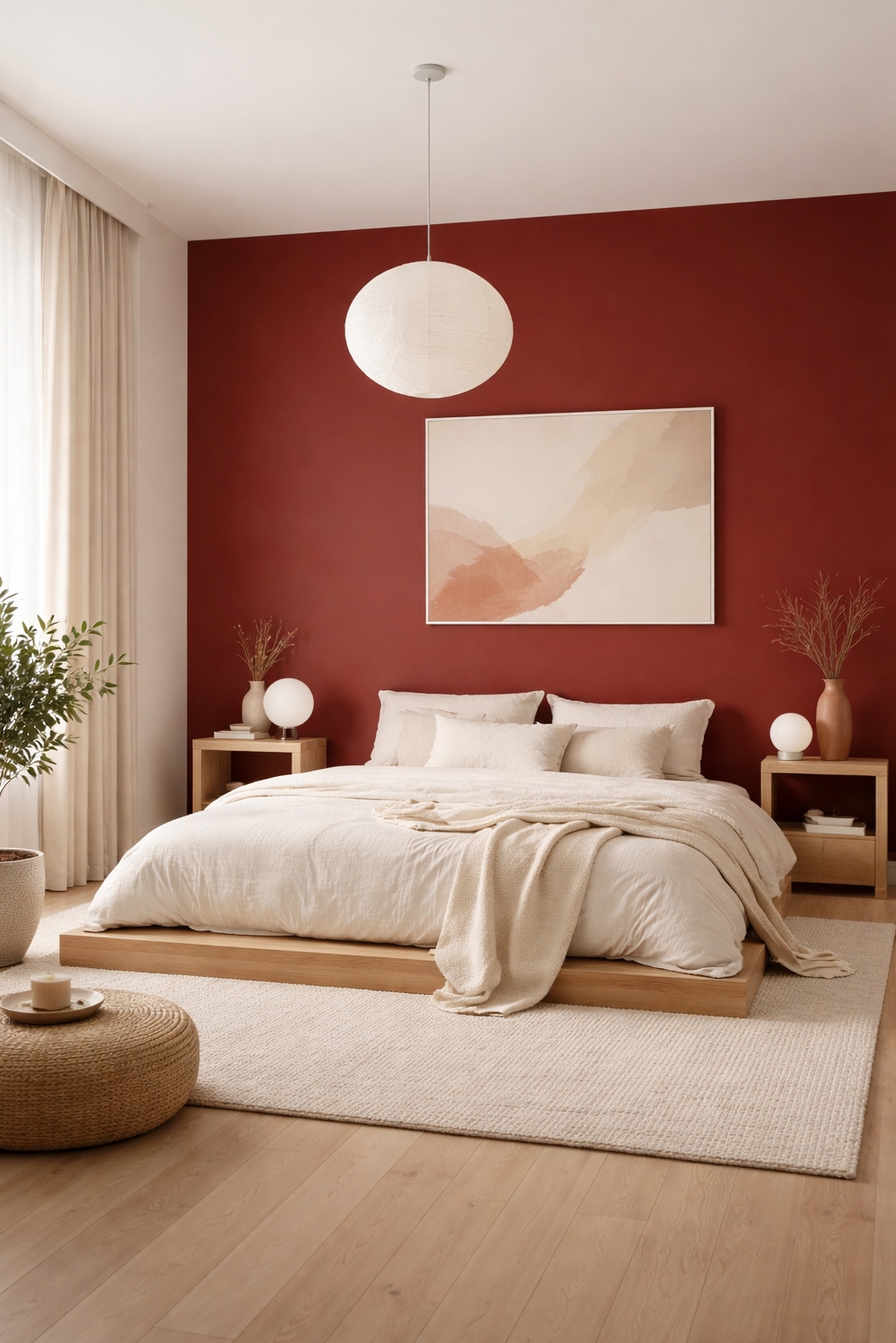 red and cream bedroom ideas - Red Accents Anchor Cream Linens - These cream linens practically beg you to sink...