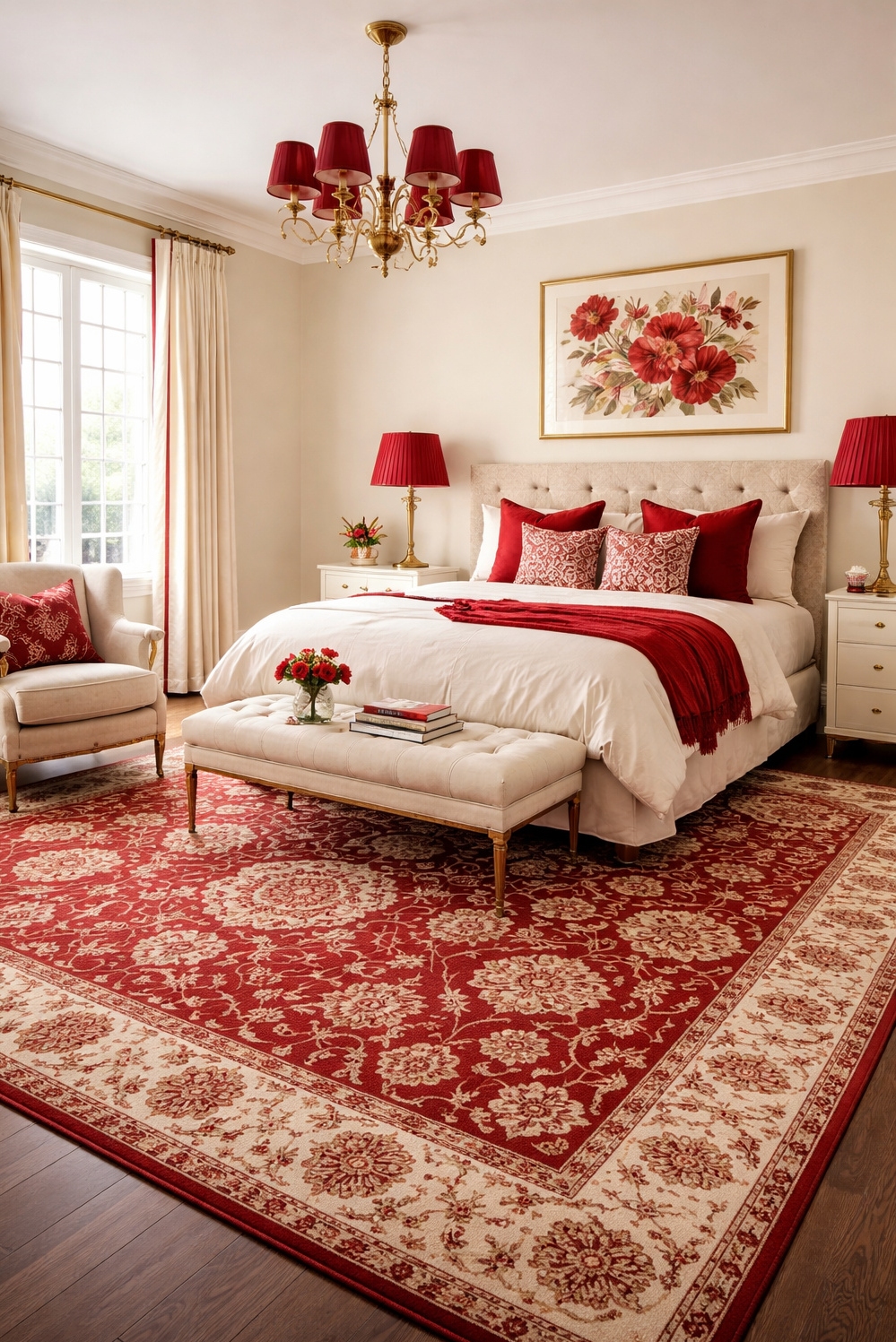 red and cream bedroom ideas - Statement Rug Anchors Red, Cream Room - These bedroom ideas are highlighting a room anchored...