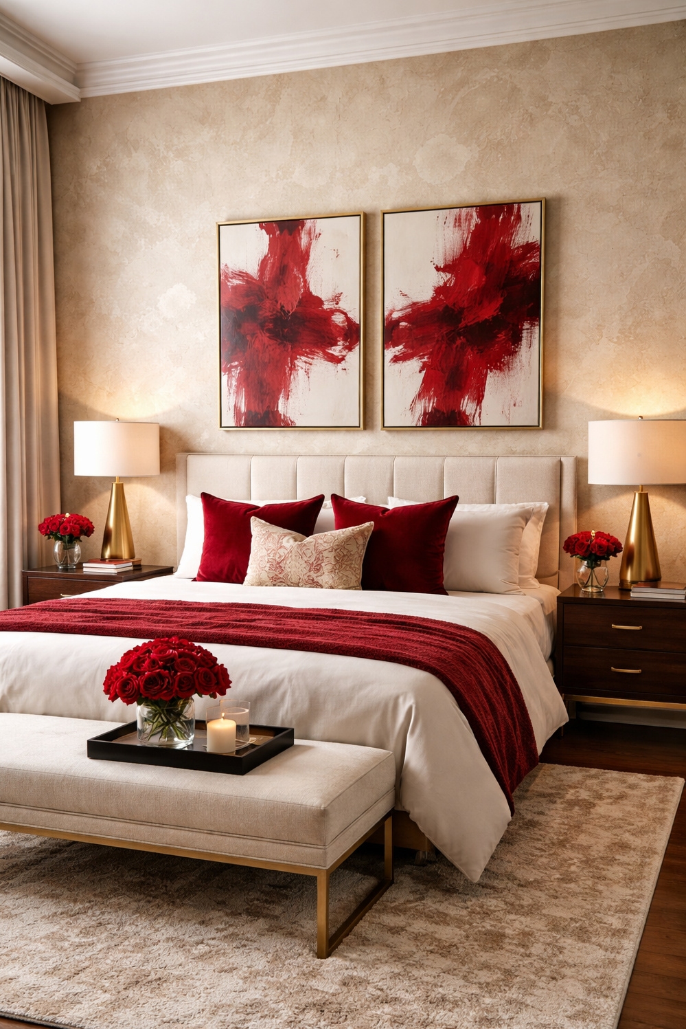 red and cream bedroom ideas - Textured Wall Draws You Right In - These cream bedroom ideas are highlighting a bedroom...