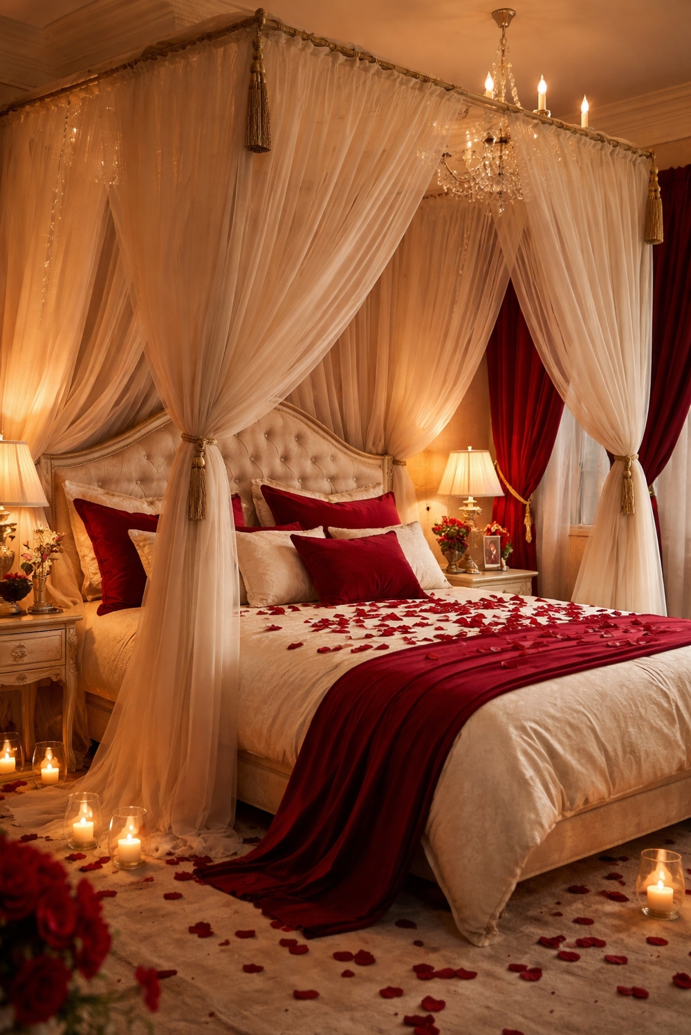 red and cream bedroom ideas - Sheer Drapes Soften Four-Poster Bed - These sheer cream drapes soften the four-poster bed,...