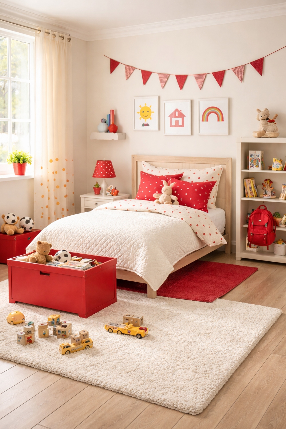 red and cream bedroom ideas - Red Polka Dot Pillows: Playful Look - These cream-colored bed linens look so soft, don't...