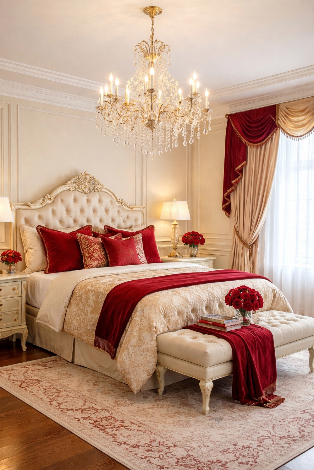 red and cream bedroom ideas - Crystal Chandelier's Soft Bedroom Glow - The crystal chandelier sparkles, casting a soft glow...